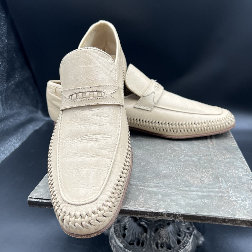 Vintage Prima Strada Italy Men Loafers 10.5 M Beige Woven Braided Leather Shoes - Picture 5 of 16